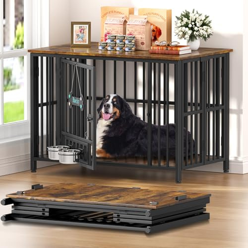 AMLANCHER Hundekäfig Möbel, 105cm Faltbare Holz Hundebox für Zuhause, Ohne Aufbau XL Hundekäfig für Große Hunde (27-36kg) – mit Verstellbaren Hundenäpfe & Namensschild,105 x 65 x 72 cm, Braun