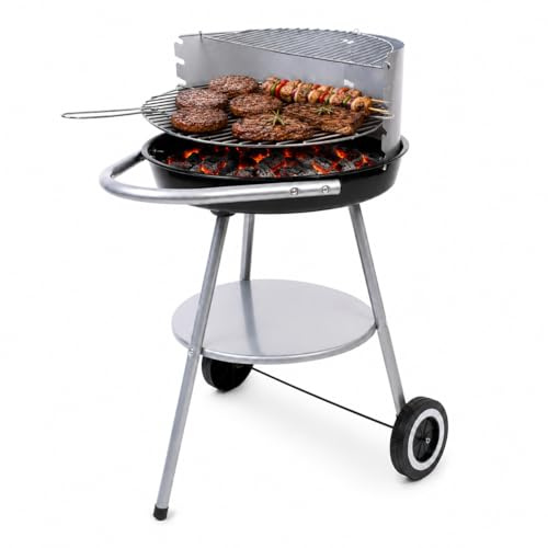 Kolgrill rund Ø 47 cm med vindskydd - halvöppen med justerbart galler 42,5 cm, nedre hyllan och 2 hjul - för 2–6 personer - perfekt för trädgård och terrass
