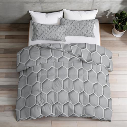 Barntäcke, 240 x 220 cm, ljusgrått bikakemönster för flicka pojke - sängkläder set för 2 personer, lätt och mjukt - geometri för alla årstider med 2 örngott