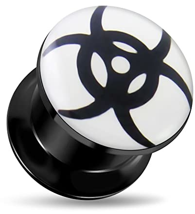 AZARIO LONDON Tribal Biohazard Logo Negro Acrílico Interno Roscado Calibre Carne Tunnel Ear Plug,
