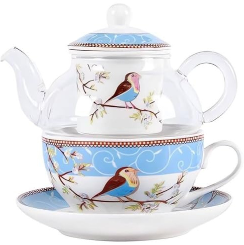 YBK Tech Teekanne aus Glas mit Porzellan-Teesieb, Happy Bird Muster Tasse und Untertasse Set, Teekanne und Teetasse für einen (Blau)