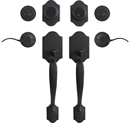 GUA OYH Front Door Handle Matte Black Double Door Handle Sets with Dummy, Double Door Lock Set Exterior Door Handle Set, with Single Cylinder Deadbolt, with Wave-Like Handle Lever, (L321020-B-S720)