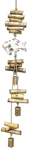 SIGNES GRIMALT Sospensione marina: Pesce bianco, Legno galleggiante e campane in ottone, 50 x 13 x 10 cm