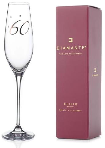 DIAMANTE Swarovski 60th” Birthday Champagne Flute – Single Crystal Champagne Glass with Platinum 60 Embossed and Swarovski Crystals – Gift Boxed