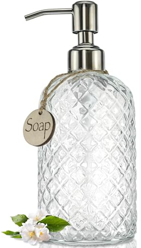 JASAI 18Oz Gem Patterned Clear Glass Soap Dispenser With Rust Proof Pump, Refillable for Kitchen and Bathroom, Premium for Dish Soap, Hand Soap, Lotion (Clear)
