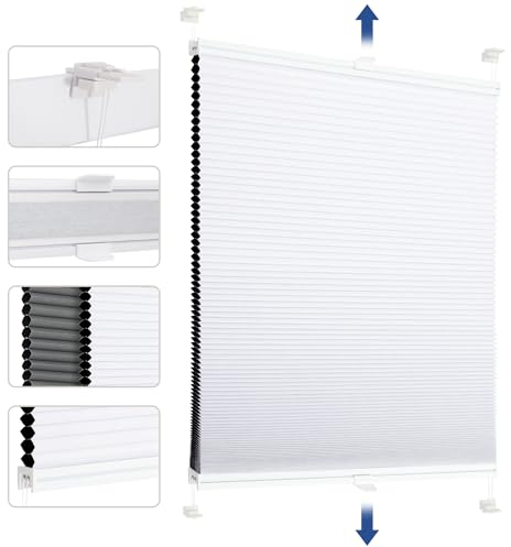 Sekey Wabenplissee Ohne Bohren Verdunkelung Rollo 100% verdunkelnd Blickdicht, Klemmfix, Aluminiumschiene, ZWeißeitig wählbar in Weiß & Grau 35x100cm (BxH)