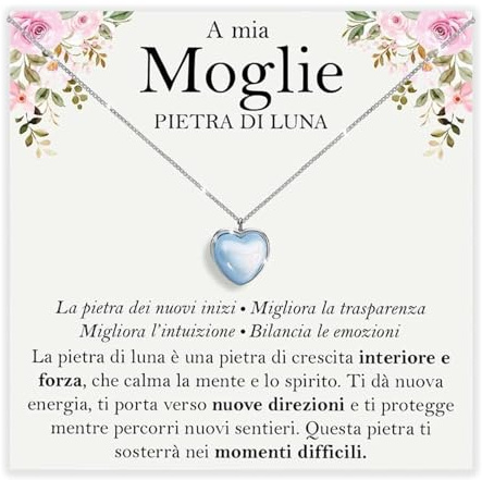 Bramart Collana Moglie Pietra di Luna Regali per lei Idea Regalo per Natale Compleanno Collane mogli fidanzate Argento Oro – Cofanetto DEDICA incluso (Collana pietra luna moglie)