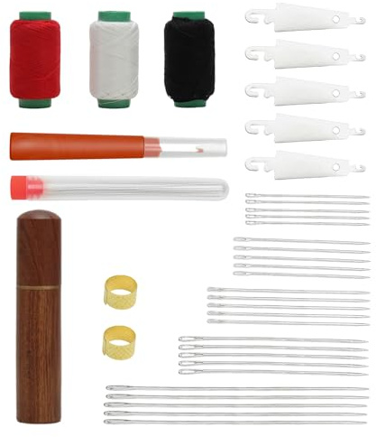 Ago da cucito kit 59 pezzi – 25 aghi da cucito mano multi-misura con grande cruna in acciaio inox anti ruggine + 34 accessori (scucitore, infila ago, ditale, fili nero/bianco/rosso) – Set cucito fai