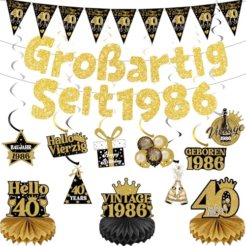 40 Geburtstag Deko Set Männer - 14 Stück Großartig Seit 1986 Happy Birthday Banner Girlande und Gold Glitzer Party Dekoration für Erwachsene 40 Jahre Vintage 1986 Hängedeko