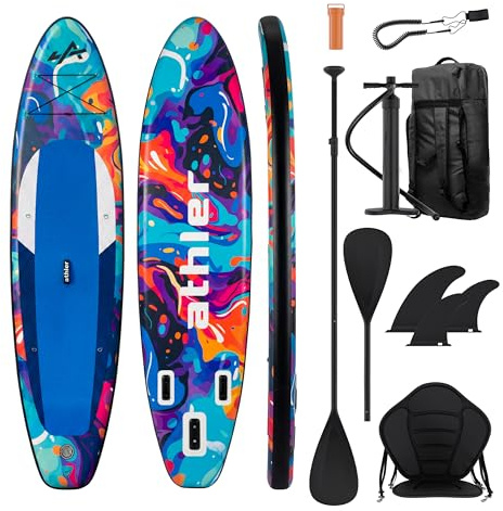 Athler Cobia 320 Stand up Paddling Board - SUP Board bis 150 kg - Komplettset mit Kajaksitz & 2in1 Paddel – 320 x 80 x 16 cm- Tragetasche Pumpe Finnen Leash Zubehör - Yoga & Freizeit – Blau