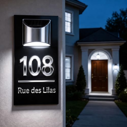 Plaque de porte solaire moderne personnalisée, Numéros d’adresse extérieurs | Acrylique étanche, LED auto, fixation 2‑en‑1, recharge solaire, 5 coloris, 4 tailles, cadeau maison moderne