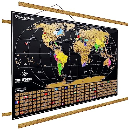Landmass Weltkarte zum Rubbeln, mit Holzaufhängerrahmen, extra groß, 91,4 x 61 cm, Reisekarten-Poster, kratzbare Flaggen und Länder, Wandkunst für Reisende, Abenteuer-Geschenk für Zuhause oder Büro