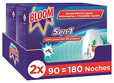 Bloom Insecticida Eléctrico Líquido Doble Eficacia (2 aparatos + 4 recambios), insecticida eléctrico para mosquitos común y tigre, fórmula concentrada sin perfume