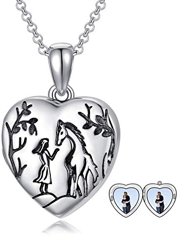 LONAGO 925 Sterling Silber Personalisiertes Foto Medaillon das Bilder Pferd und Mädchen Herz Medaillon Anhänger Halskette Schmuck Hält