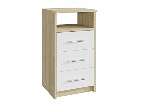 MATKAM Schubladenkommode 3SO in klassischer Optik, H75xB40x35cm, mit 3 Schubladen und einem offenen Ablagefach, in verschiedenen Ausführungen erhältlich (Sonoma Eiche – weiß)