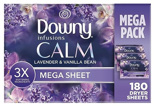 Downy Infusions Mega Dryer Sheets, Laundry Fabric Softener, CALM, Lavender and Vanilla Bean, 180 Count