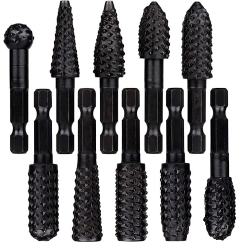 Wolfride 10Pcs Rotary Rasp File Set, 1/4 Inch Hex Shank Rotary Burrs Wood Carving Drill Bits for Wood Polishing