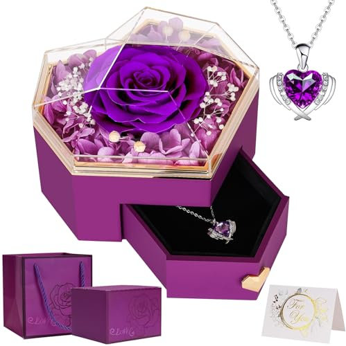 Preserved Real Rose Gifts for Her Womens with Necklace, Womens Rose Flower Gifts, Eternal Flower Rose Present for Her Mum Wife Girlfriend, Anniversary Mothers Day Birthday Gifts Valentines Day Gifts