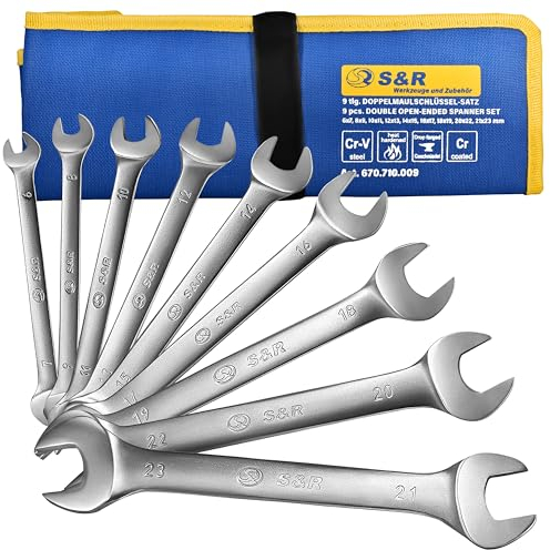 S&R Doppel-Maulschlüssel Satz 9-teilig, Master-Serie, Gabelschlüssel 6-23 mm, Cr-V Industriestahl, geschmiedet, gehärtet, doppelt verchromt, mattiert, Schraubenschlüssel in Tetron-Rolltasche