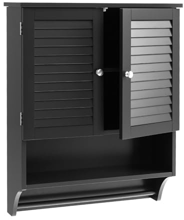 COSTWAY Bathroom Wall Cabinet, Wooden Storage Cupboard with 2 Doors, 3-Position Adjustable Shelf & Towel Bar, Wall Mounted Medicine Cabinet Unit for Kitchen, Living Room and Hallway (Black)