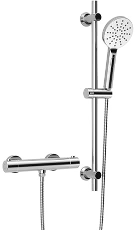 Görbach Termostat duscharmatur med duschstång-set, termostatduschblandare med duschdekor, termostat blandarkran dusch rostfritt stål duschstång set 70 cm, rund krom