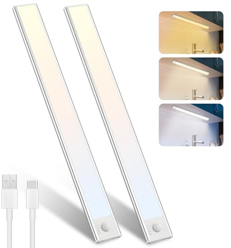 40Cm Led Unterbauleuchte Küche Kabellose - 3000K-4000K-6500K Schrankleuchten Bewegungsmelder Stufenloses Dimmbar Lichtleiste Abnehmbarer Batterie für Kleiderschrank Treppe Bad Und Schränke -2 Stück