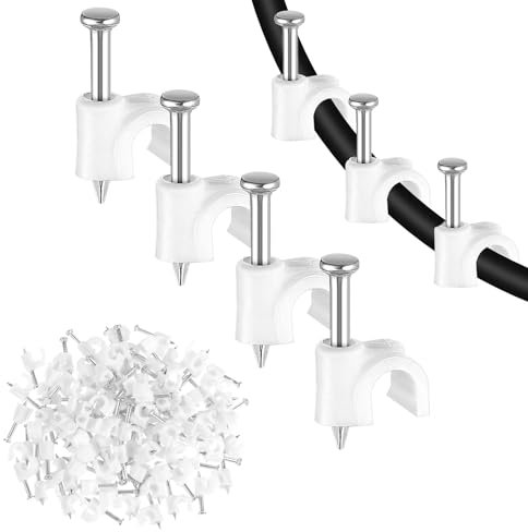 Andibro Paquete de 100 clips de cable con clavos de acero, clips de pared de alambre de 10 mm, clips de cable de uñas para cable Ethernet, cable de teléfono, cable de TV de escritorio en casa