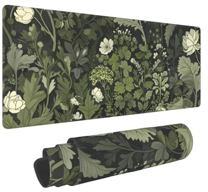 Sage Green Floral Mouse Pad XL 31.5 X 11.8 Inch Plant Flower Pattern Botanical Design Extended Large Gaming Mousepad Keyboard Full Desk Mat Non-Slip Rubber Base Stitched Edges for Home Office