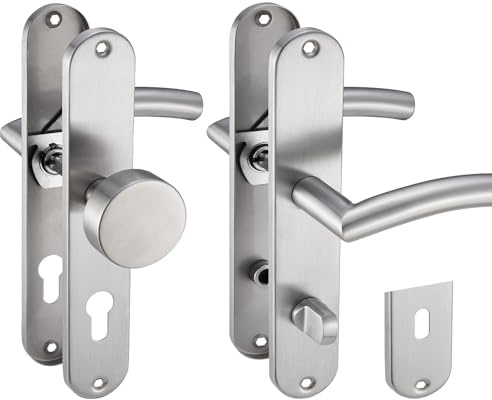 Stahlia Drückergarnitur Langschild Renovierungsgarnitur Edelstahl gebürstet ELLA | PZ - Profizylinder mit Knauf | Türbeschlag Zimmertüren, Eingangstüren für Türstärke 20–47mm| Befestigungsmaterial