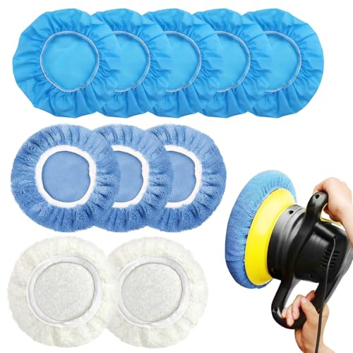 10 Stück Polierhaube 240mm,Polieraufsatz für 230-250mm Poliermaschine | Auto Polierhaube Set Beinhaltet 5 Mikrofaser 2 Wolle 3 Korallenvlies Polierscheibe zum Wachsen und Autopolieren,Blau,Weiß