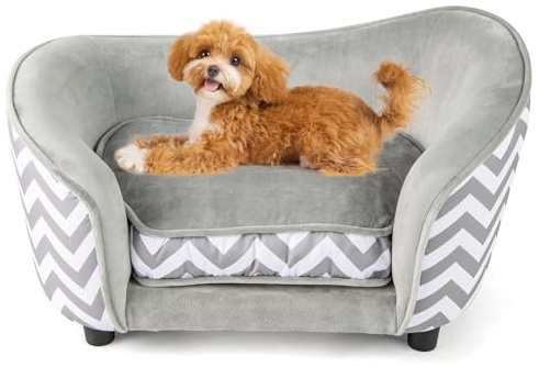GYMAX Haustiersofa, 70 x 41 x 40 cm, Hundesofa mit erhöhten Füßen & Kissen, Hundebett, Katzensofa bis 50 kg, Waschbar, Grau+Weiß