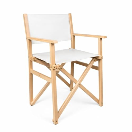 Silla de director de madera de haya, silla plegable con reposabrazos, silla de jardín de madera, plegable y portátil, para camping, terraza, balcón, bar y restaurante (color blanco)