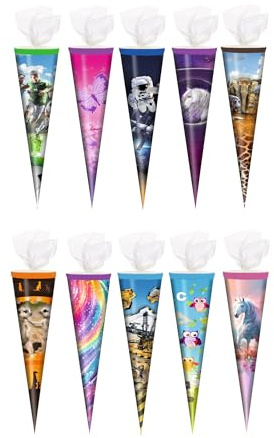 Livepac-Office 10x Schultüte/Zuckertüte / 35cm / mit Tüllverschluß / 10 Motive sortiert