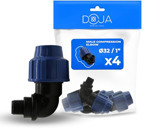 DOJA Barcelona PP-vinkel 90 grader med yttre gänga – 4-pack – 32 x 1 tum – PE klämkontakt vinkel för rörsystem enkel installation, perfekt för bevattning, PE-rör vinkelförskruvning