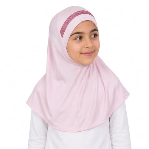Yaqeen Foulard pour fille Hijab al Amira avec bordure pailletée, prêt à l'emploi, idéal pour toutes les occasions, école/maternelle, rose clair, taille unique