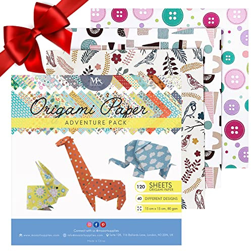 Carta Origami Adventure Pack - 120 Fogli - Carta Giapponese con Stampe Floreali, Di Animali, Azteche e Geometriche - Crea Fiori, Gru, Gufi, Draghi, Animali - Origami per Bambini - MozArt Supplies