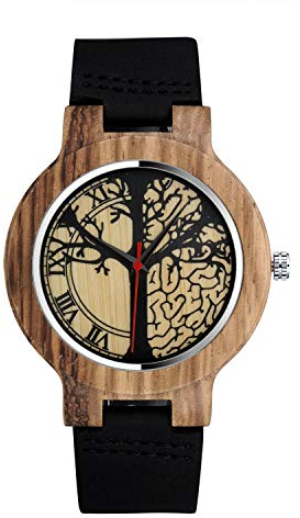 Unendlich U Herren Damen Unisex Bambusuhr Schwarzes Laub Lebensbaum Holzuhr Analog Quarzwerk Armbanduhr Schwarz Lederband Für Männer Ehemann Geschenke