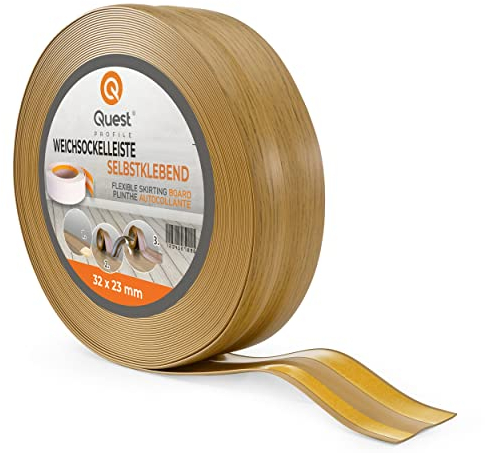 Quest Battiscopa Morbido Adesivo - 32 mm x 23 mm - Listello in PVC, Finitura Flessibile, Profilo Angolare per Cucina, Bagno, Parete, Pavimento - Decorativo (Rovere, 10m)