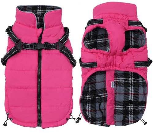 Warm Pet Dog Coats and Jackets,Waterproof Reflective Pet Dog Harness Vest Winter Puppy Clothes with Chest Strap, Outdoor Walking Adjustable Chest Strap-Pink-L