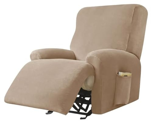 AQIGR Relaxsessel Bezug Stretch Samt Stretchhusse für Relaxsessel Sesselbezug 4-teiliges Set Elastischer Antirutsch Husse für Fernsehsessel Liege Sessel (Color : Khaki)