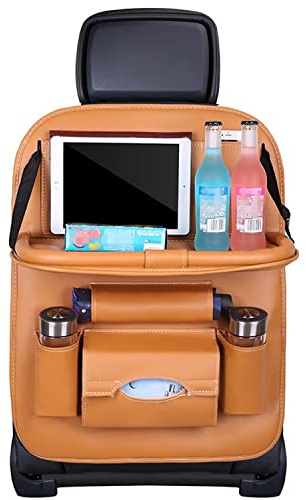 BWGHBH Autositz Organizer,Rücksitz Organizer,Wasserdicht und Pflegeleicht Auto Rückenlehnenschutz Aufbewahrungstasche Sitzablage mit Faltbarer Tischablage Kick Matten Schutz 1 Stück Braun