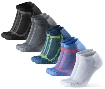 DANISH ENDURANCE Dämpade Ankel Löparstrumpor för Långdistans, Mot blåsor & Svettavisande, Män & Kvinnor, Unisex, 5-pack, Flerfärgad (Svart/Grå, Blå/Gul, Grå/Svart, Vit, Blå) - 5 pack, 43-47