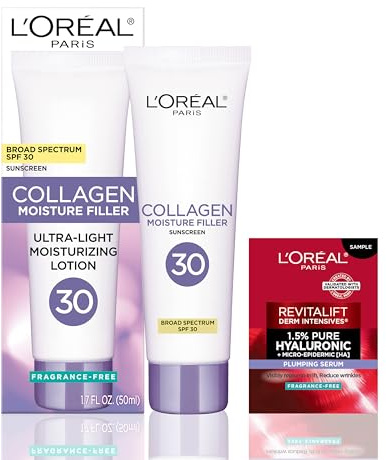 L'Oreal Paris Collagen Moisture Filler Face Cream with Broad Spectrum SPF 30, Anti-Aging Moisturizer and Daily Sunscreen, Includes Face Serum Sample