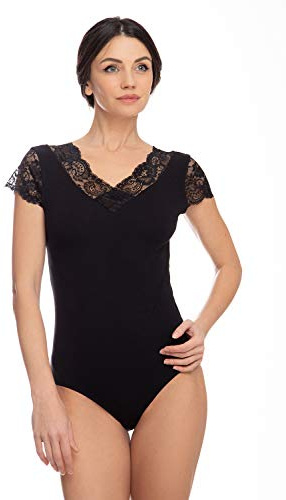 Evoni Damenbody mit kurzen Ärmeln und Rundhals I Damen T-Shirt I Bodysuit Women I Unterzieh-Body I Kurzarm-Body mit optimaler Passform schwarz XL