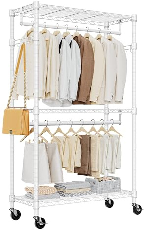 MZG Kraftigt rullande klädställ 3 nivåer justerbar trådhylla klädställ med 2 stänger och sidokrokar, förvaringsgarderob klädställ med hjul vit 40 cm D x 75 cm B x 189 cm H, Klädstång, Klädhängare Hall