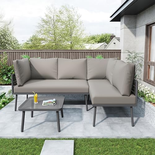 Garten-Lounge-Set aus Eisen, Gartenmöbel-Set aus grauem Seil, L-förmiges Gartenmöbel-Set, Lounge-Set aus grauem Seil mit Sitzkissen, verstellbaren Füßen, 2 Sofas und 1 Tisch