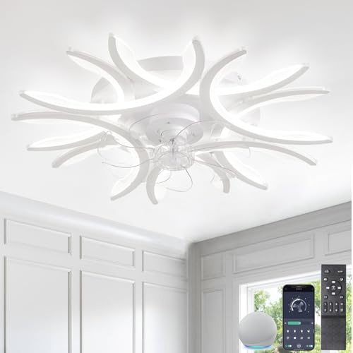 Led Deckenlampe Mit Ventilator Und Fernbedienung App, Lampe Mit Ventilator Leise Schlafzimmer, Deckenventilator Mit Licht Beleuchtung, Dimmbare 6-Speed Sommer Winte Für Wohnzimmer Esszimmer-Alexa