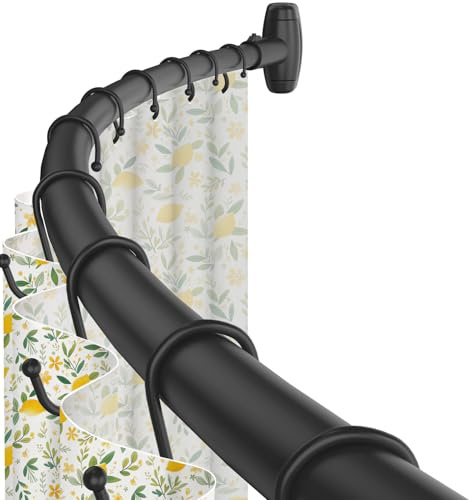 Curved Shower Curtain Rod,Matte Black Round Shower Curtain Rod 48 to 64 Inches Adjustable Rounded Bowed Shower Rods for Bathroom,Bathtub, More Shower Space,Need to Drill