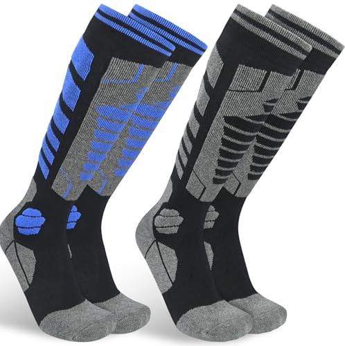 Smlper 2 Pairs Ski Socks Mens 9-12,Snowboarding Socks,thermal Ski Socks,Knee High Socks men,Suitable for Skiing, Outdoor Sports, Hunting, Hiking (Black gray/Blue)