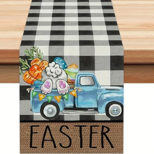 Easter Buffalo Plaid Table Runner 13x72 Inch, Blue Flower-Delivery Truck Print, Spring Cotton-Linen Dining Table Decor for Kitchen/Home Party (Easter Table Runner(13x72inch))